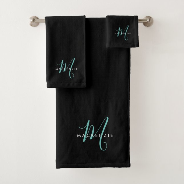 Elegantes, modernes Schwarzes Aquamarines Script M Badhandtuch Set (Insitu)