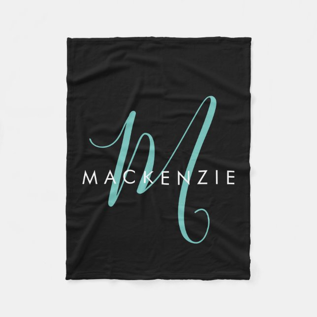 Elegantes, modernes Schwarzes Aquamarines Script M Fleecedecke (Vorderseite)