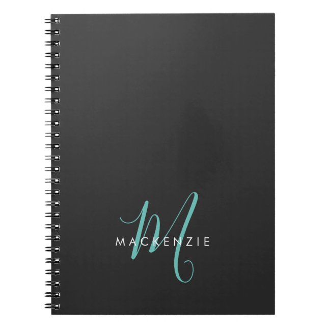 Elegantes, modernes Schwarzes Aquamarines Script M Notizblock (Vorderseite)