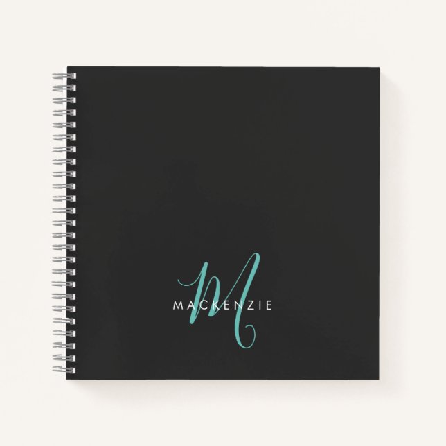 Elegantes, modernes Schwarzes Aquamarines Script M Notizbuch (Vorderseite)
