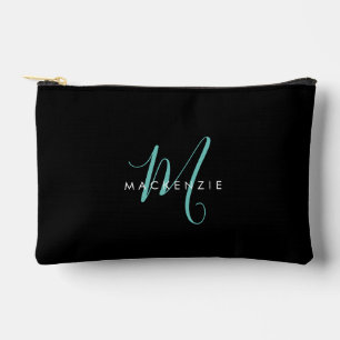 Elegantes, modernes Schwarzes Aquamarines Script M Zubehörtasche