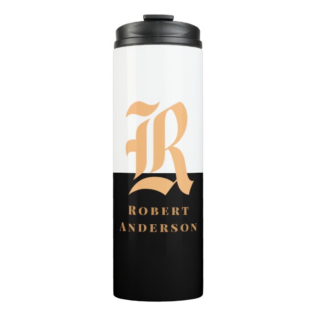 Elegantes, modernes Schwarzes Gold Mit Monogramm Thermosbecher (Vorderseite)