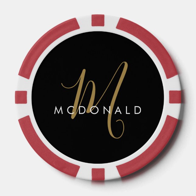 Elegantes modernes schwarzes goldenes Schriftmonog Pokerchips (Vorderseite)