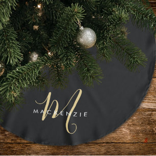 Elegantes modernes schwarzes goldenes Schriftmonog Polyester Weihnachtsbaumdecke