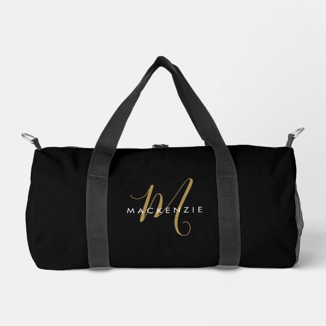 Elegantes modernes schwarzes goldenes Skript-Monog Duffle Bag (Vorderseite)