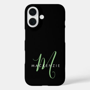 Elegantes modernes schwarzes grünes Skript-Monogra iPhone 16 Hülle