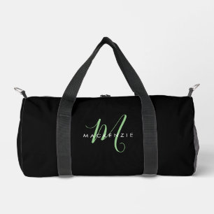Elegantes modernes schwarzes grünes Skript-Monogra Duffle Bag