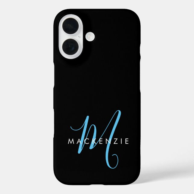 Elegantes modernes schwarzes Himmelblau-Script-Mon Case-Mate iPhone Hülle (Rückseite)