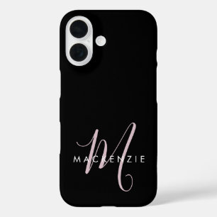 Elegantes modernes schwarzes Rosa-Script-Monogramm iPhone 16 Hülle