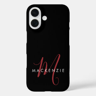 Elegantes modernes schwarzes rotes Skript-Monogram iPhone 16 Hülle