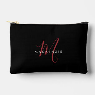Elegantes modernes schwarzes rotes Skript-Monogram Zubehörtasche