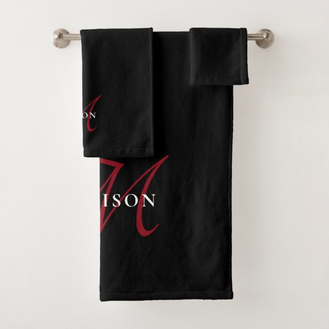 Elegantes, modernes Schwarzes Script Monogram Badhandtuch Set (Insitu)