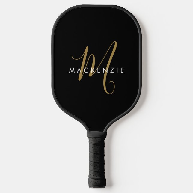 Elegantes, modernes Schwarzes Script Monogram Pickleball Schläger (Vorderseite)