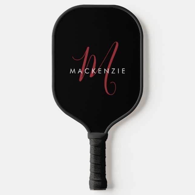 Elegantes, modernes Schwarzes Script Monogram Pickleball Schläger (Vorderseite)