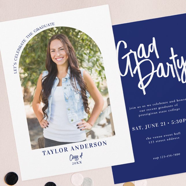 Elegantes modernes Script Arch Foto Blue Grad Part Einladung (Von Creator hochgeladen)