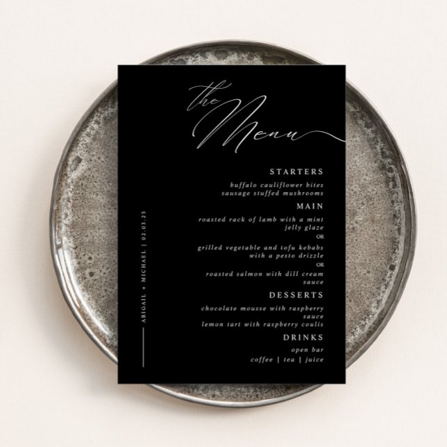 Elegantes, modernes Script Calligraphy Hochzeitses Menükarte (Von Creator hochgeladen)