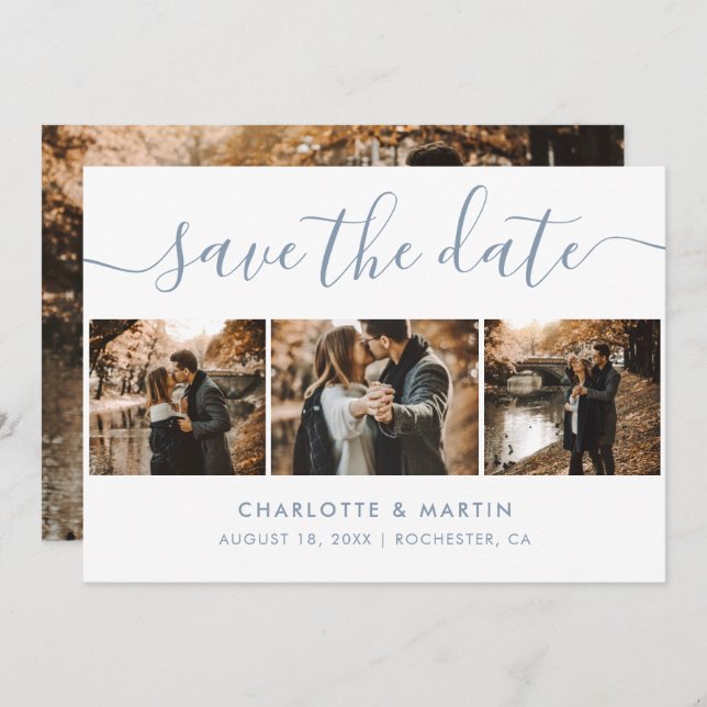 Elegantes, modernes Script Dusty Blue 4 Foto Save The Date (Vorne/Hinten)