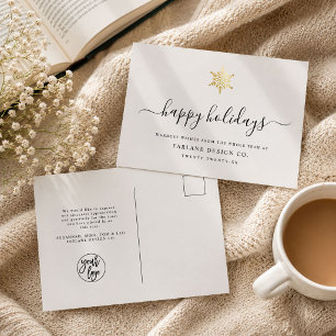 Elegantes, modernes Script Gold Snowflake Corporat Feiertagspostkarte