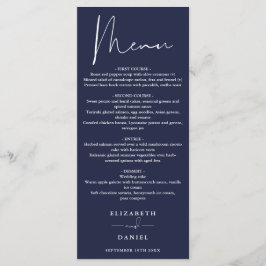 Elegantes, modernes Script Navy Blue Hochzeitessen Menükarte