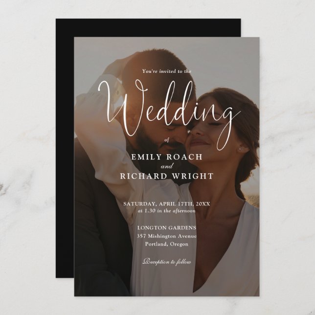 Elegantes, modernes Script QR Code Foto Hochzeit Einladung (Vorne/Hinten)