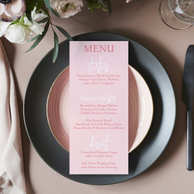 Elegantes modernes Script Rosa Blush Hochzeitsmenü Menükarte (Elegant modern Script Pink Blush wedding Menu)