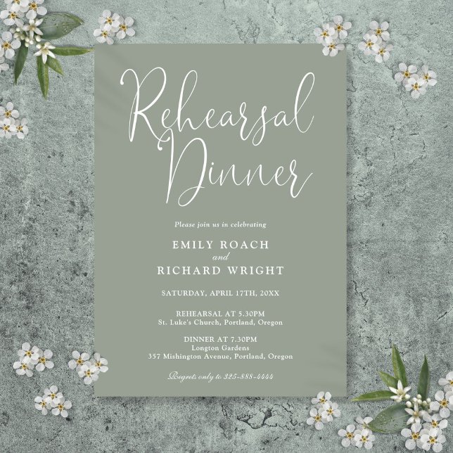 Elegantes, modernes Script Sage Green Probe Dinner Einladung (Elegant Modern Script Sage Green Rehearsal Dinner Invitation)