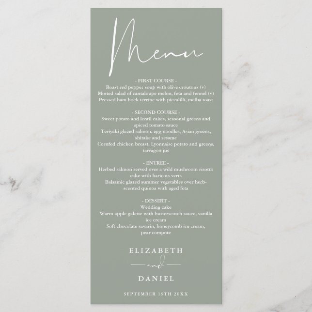 Elegantes, modernes Script Sage Green Wedding Dinn Menükarte (Vorderseite)