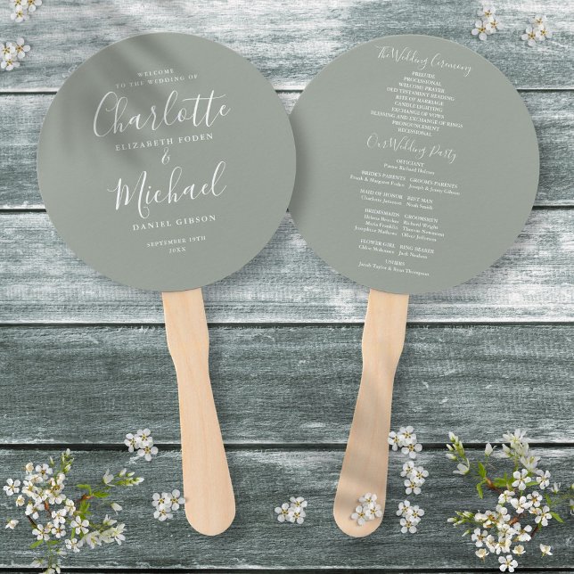 Elegantes, modernes Script-Sage Green Wedding Prog Fächer (Elegant Modern Script Sage Green Wedding Program Hand Fan)