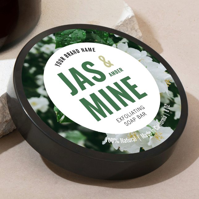 Elegantes, modernes Scrub Soap Lotion Label mit Fo Runder Aufkleber (Round product label with bold type in neutral green with custom photo background)