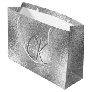 Elegantes modernes silbernes Metall-Monogramm-Name Große Geschenktüte