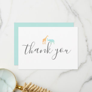 Elegantes modernes Skript Giraffe Elefant Baby Sho Dankeskarte