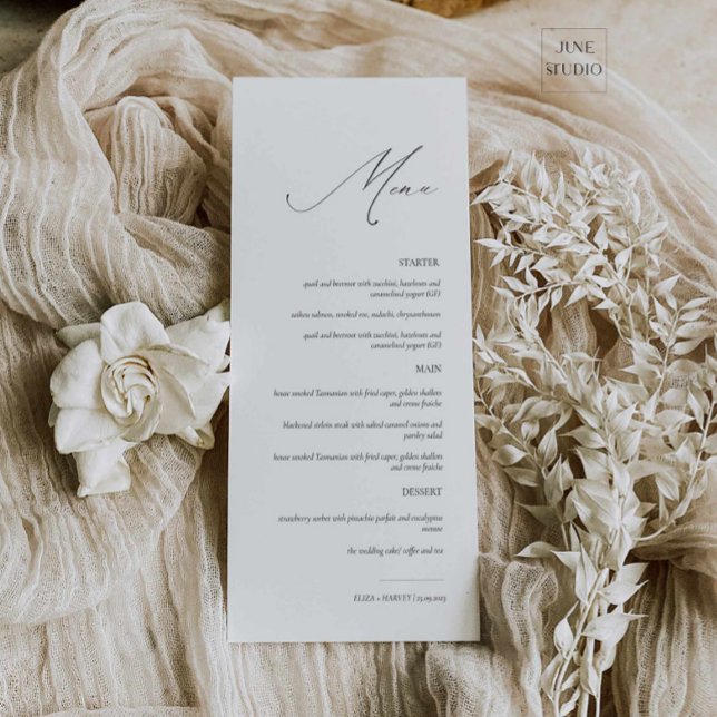 Elegantes, modernes Skript-Hochzeitmenü Menükarte (elegant modern script wedding menu card, 4x9 dainty wedding menu, long menu, modern minimalist menu)