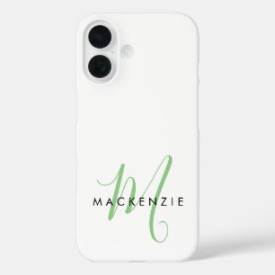 Elegantes modernes weiß-grünes Skript-Monogramm iPhone 16 Hülle