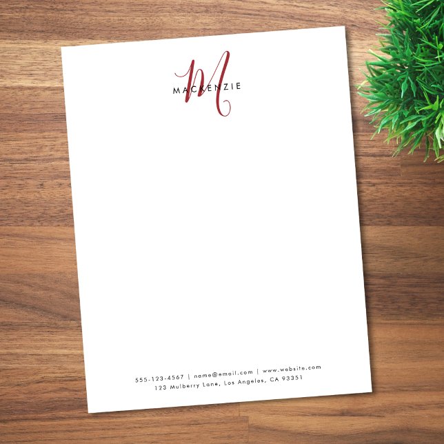 Elegantes modernes weiß-rotes Schriftmonogramm Briefbogen (Von Creator hochgeladen)