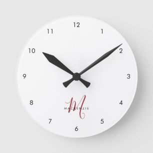 Elegantes modernes weiß-rotes Schriftmonogramm Runde Wanduhr