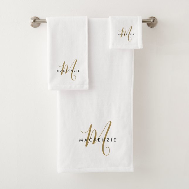 Elegantes modernes weißes Gold-Schriftmonogramm Badhandtuch Set (Insitu)