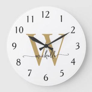 Elegantes modernes weißgoldenes Monogramm Namenssc Große Wanduhr