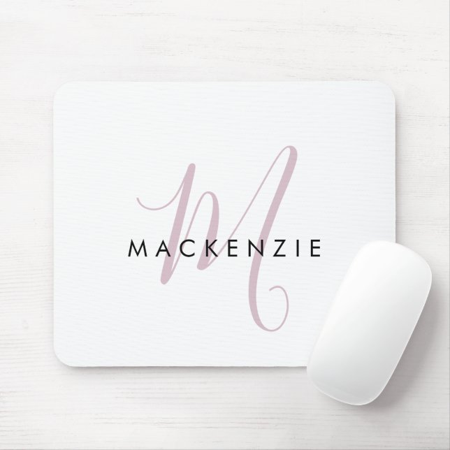 Elegantes, modernes White Blush Pink Script Monogr Mousepad (Mit Mouse)