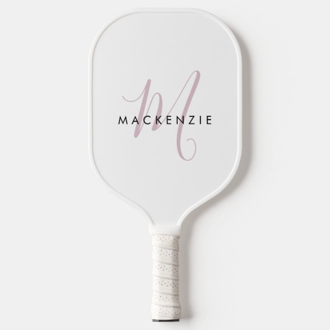 Elegantes, modernes White Blush Pink Script Monogr Pickleball Schläger (Vorderseite)