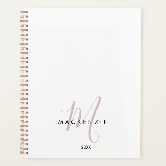Elegantes, modernes White Blush Pink Script Monogr Planer (Vorderseite)