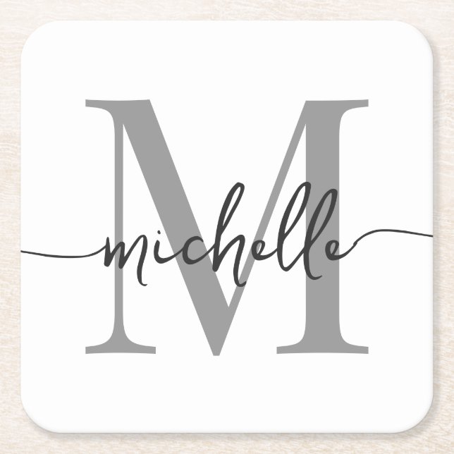 Elegantes, modernes White Gray Monogram Name Scrip Rechteckiger Pappuntersetzer (Vorderseite)