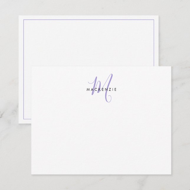 Elegantes, modernes White Lavender Script Monogram Mitteilungskarte (Vorne/Hinten)
