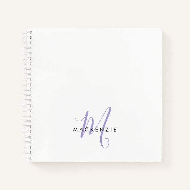 Elegantes, modernes White Lavender Script Monogram Notizbuch (Vorderseite)