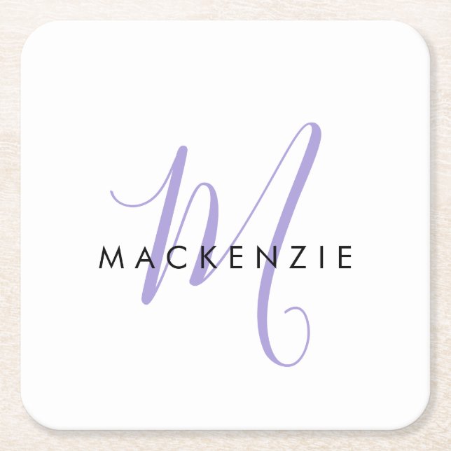 Elegantes, modernes White Lavender Script Monogram Rechteckiger Pappuntersetzer (Vorderseite)