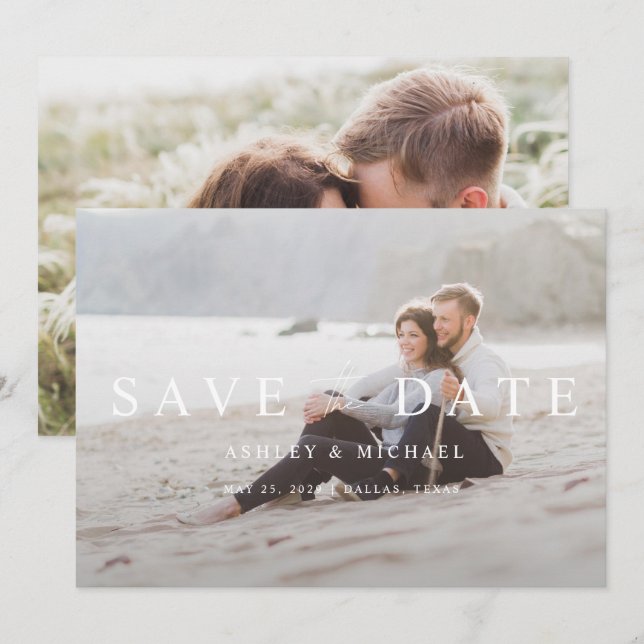 Elegantes, modernes White Overlay 2 Foto Hochzeit Save The Date (Vorne/Hinten)