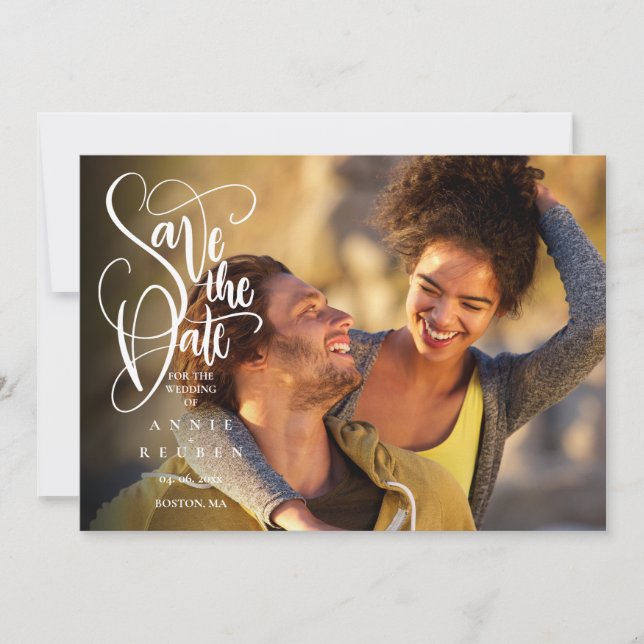 Elegantes, modernes White Script-Foto Save the Dat Date (Vorderseite)