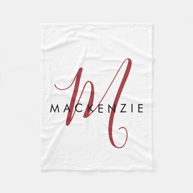 Elegantes, modernes White Script Monogram Fleecedecke (Vorderseite)