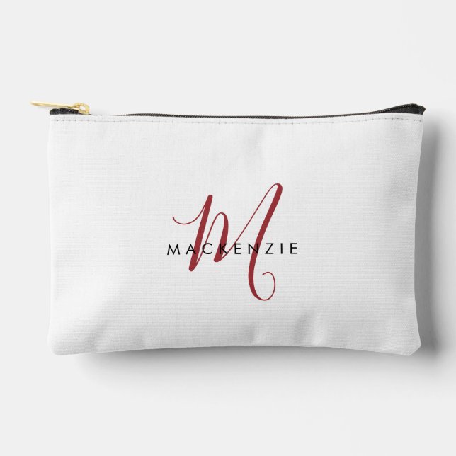 Elegantes, modernes White Script Monogram Zubehörtasche (Vorderseite)