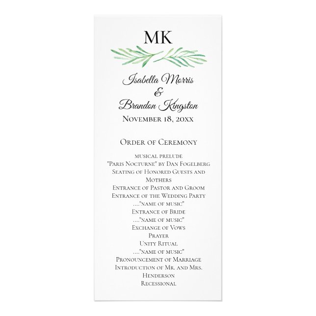 Elegantes Mongram Greenerity Wedding Program 2 Werbekarte (Vorne)