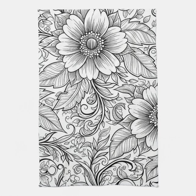 Elegantes monochromes Blumenluxus-Muster (3) Geschirrtuch (Vertikal)